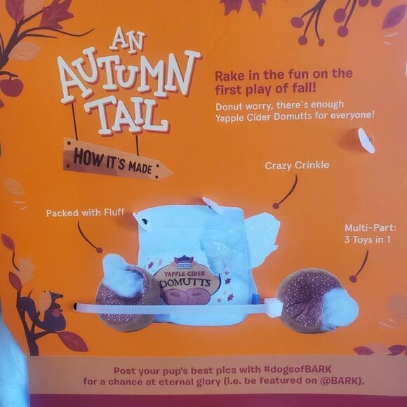 NWT Bark Box Yapple Cider Domutts An Autumn Tail Dog Toy Crinkle Bag Fall Donuts - Picture 6 of 7